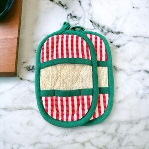 Pair of Christmas Holiday Potholders Small Oven Mitts Green Red White Striped